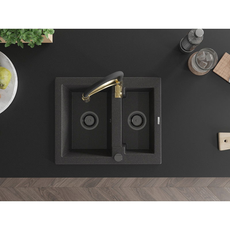 Mexen Carlos 1.5-bowl granite sink with Aster kitchen tap, black speckled - 6518-76-73450-57-B