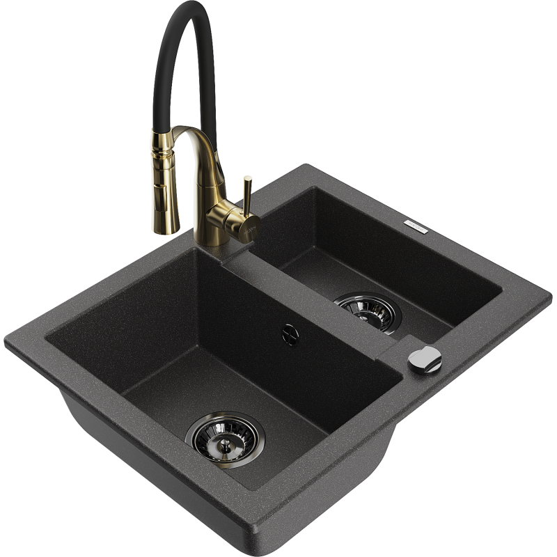 Mexen Carlos lava-louça de granito 1,5-bacia com torneira de cozinha Aster, preto salpicado - 6518-76-73450-57-B