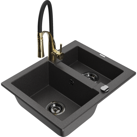 Mexen Carlos granieten spoelbak 1,5-kamer met keukenmengkraan Aster, zwart gespikkeld - 6518-76-73450-57-B