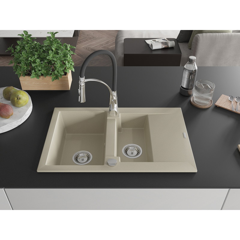 Mexen Gaspar Granitspüle 1,5-fach mit Abtropffläche und Küchenarmatur Aster, beige - 6507-69-73450-07