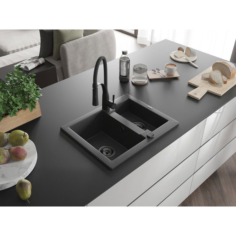 Mexen Carlos granite kitchen sink 1.5-bowl with Aster kitchen tap, black speckled - 6518-76-73450-70-B