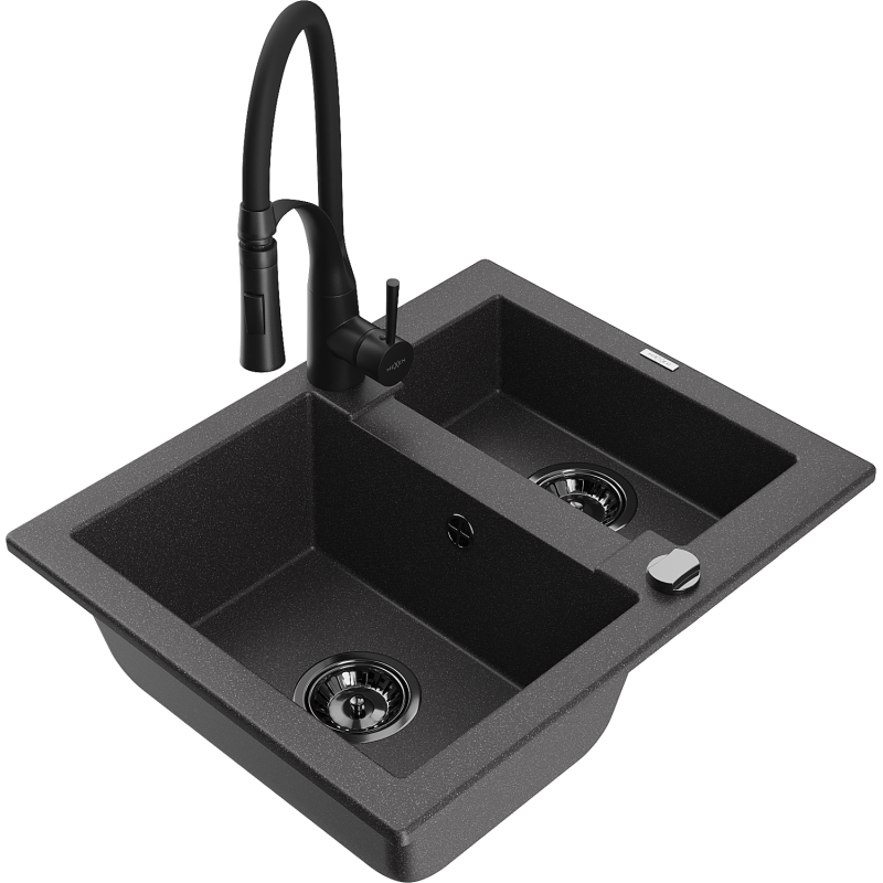 Mexen Carlos fregadero de granito de 1,5 senos con grifo de cocina Aster, negro moteado - 6518-76-73450-70-B