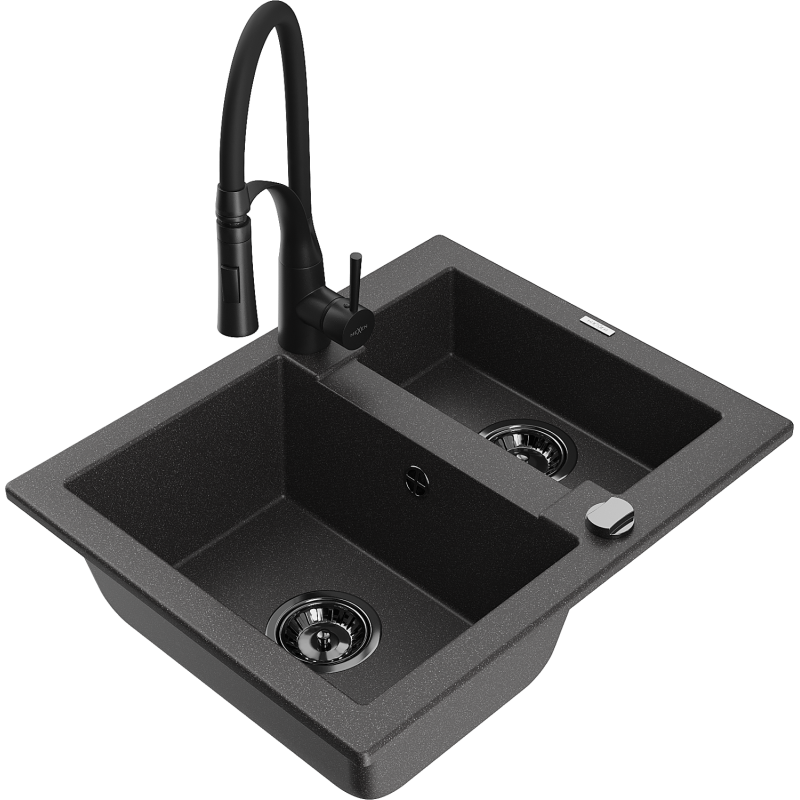 Mexen Carlos granite kitchen sink 1.5-bowl with Aster kitchen tap, black speckled - 6518-76-73450-70-B
