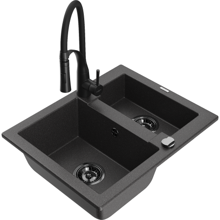 Mexen Carlos granite kitchen sink 1.5-bowl with Aster kitchen tap, black speckled - 6518-76-73450-70-B