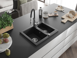 Mexen Carlos granite sink 1.5-bowl with Aster kitchen tap, black - 6518-77-73450-07