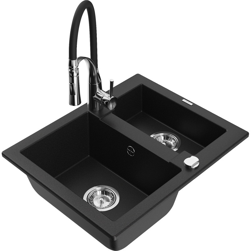 Mexen Carlos fregadero de granito de 1,5 senos con grifo de cocina Aster, negro - 6518-77-73450-07