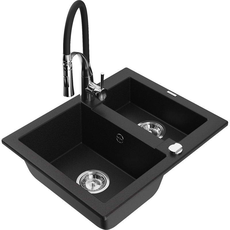 Mexen Carlos lavello in granito a 1,5 vasche con rubinetto da cucina Aster, nero - 6518-77-73450-07