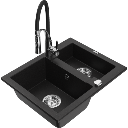 Mexen Carlos évier en granit 1,5 bac avec mitigeur de cuisine Aster, noir - 6518-77-73450-07