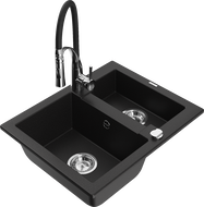 Mexen Carlos 1.5-bowl granite sink with Aster kitchen faucet, black - 6518-77-73450-07