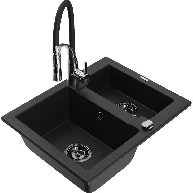 Mexen Carlos fregadero de granito de 1,5 senos con grifo de cocina Aster, negro - 6518-77-73450-07-B