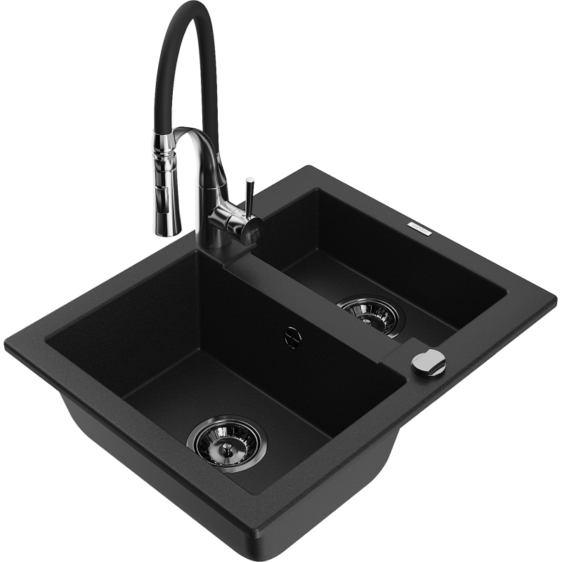 Mexen Carlos granieten gootsteen 1,5-komor met keukenmengkraan Aster, zwart - 6518-77-73450-07-B