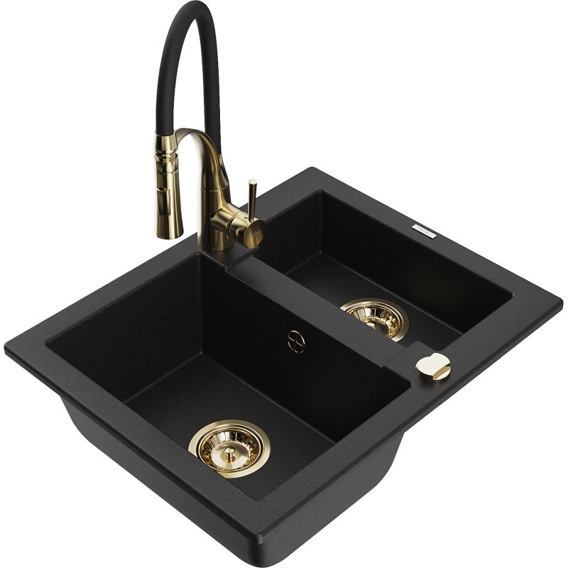 Mexen Carlos fregadero de granito 1,5 secciones con grifo de cocina Aster, negro - 6518-77-73450-57-G