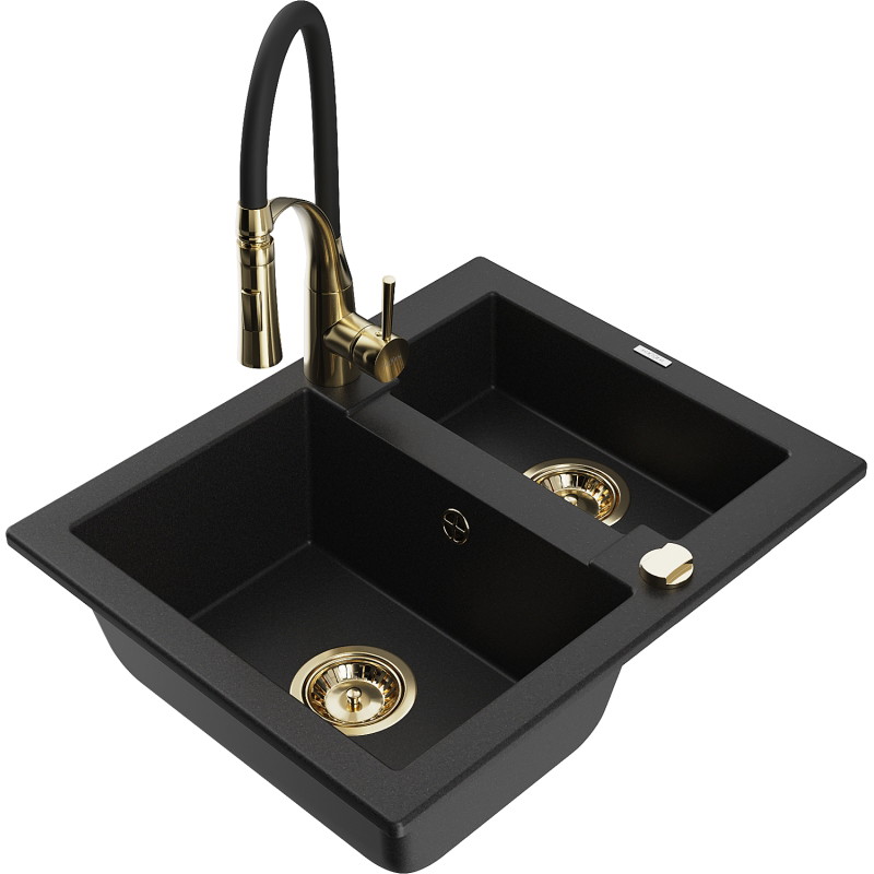 Mexen Carlos fregadero de granito de 1,5 senos con grifo de cocina Aster, negro - 6518-77-73450-57-G