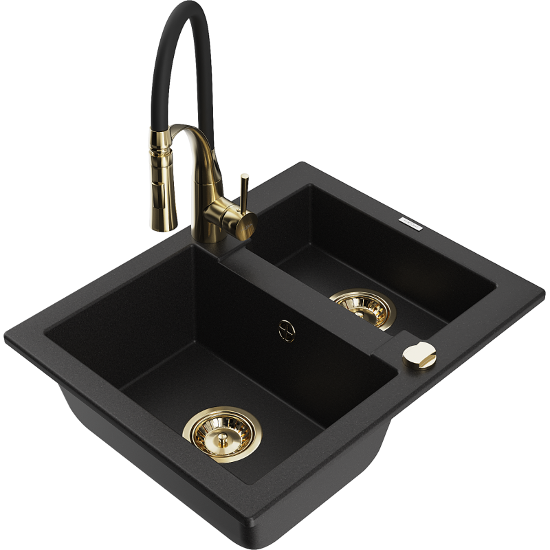 Mexen Carlos granite sink 1.5-bowl with Aster kitchen tap, black - 6518-77-73450-57-G