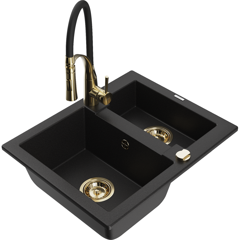 Mexen Carlos lava-loiça de granito 1,5-cuba com torneira de cozinha Aster, preto - 6518-77-73450-57-G