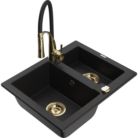 Mexen Carlos fregadero de granito 1,5 secciones con grifo de cocina Aster, negro - 6518-77-73450-57-G