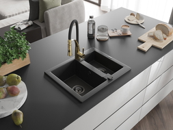 Mexen Carlos fregadero de granito de 1,5 senos con grifo de cocina Aster, negro - 6518-77-73450-57-B