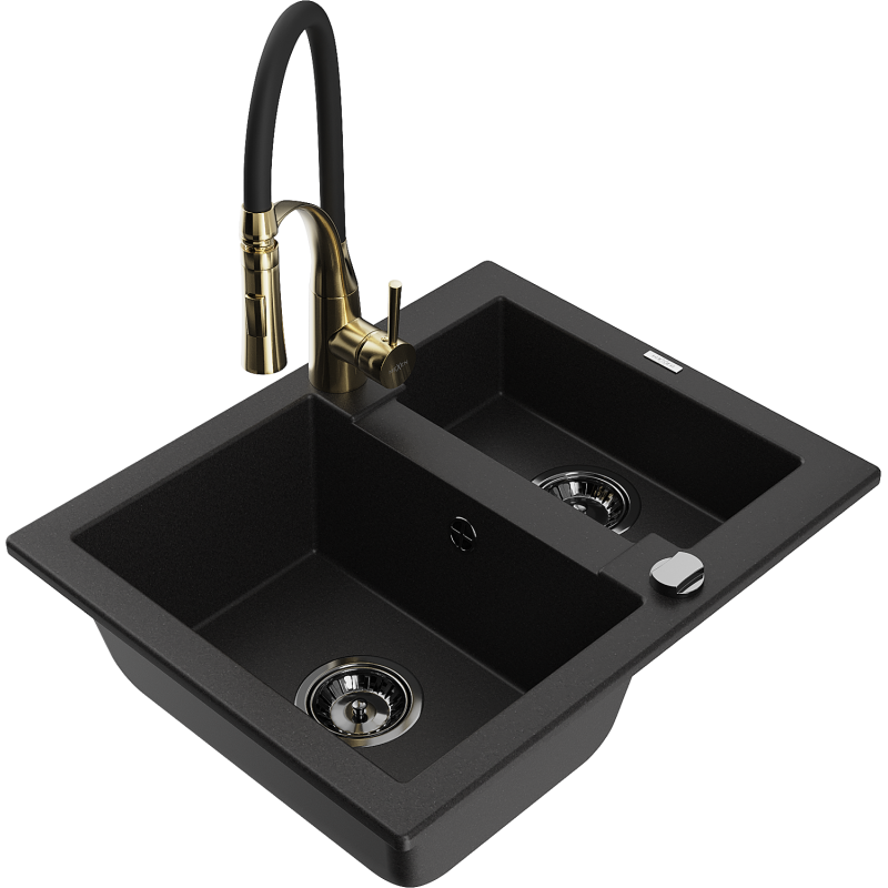 Mexen Carlos fregadero de granito de 1,5 senos con grifo de cocina Aster, negro - 6518-77-73450-57-B