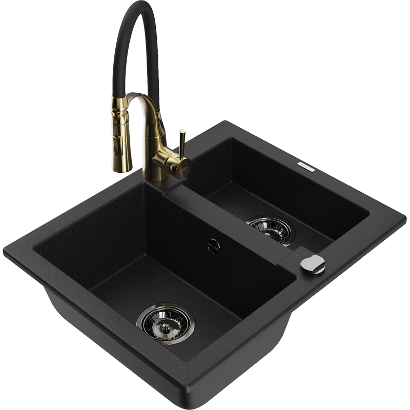 Mexen Carlos granit diskbänk 1,5-fack med köksblandare Aster, svart - 6518-77-73450-57-B