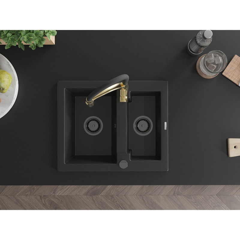 Mexen Carlos fregadero de granito de 1,5 senos con grifo de cocina Aster, negro - 6518-77-73450-57-B