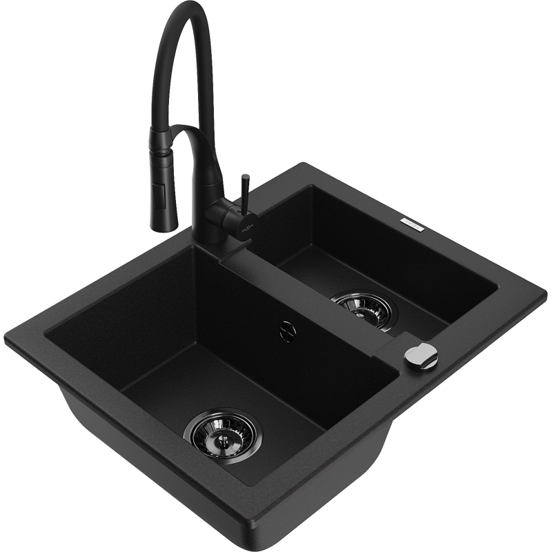 Mexen Carlos évier en granit 1,5 cuves avec robinet de cuisine Aster, noir - 6518-77-73450-70-B