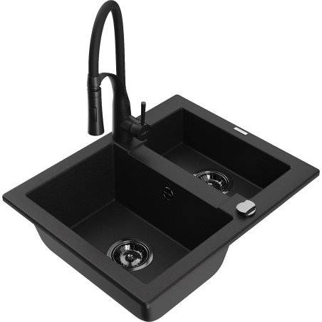 Mexen Carlos évier en granit 1,5 cuves avec robinet de cuisine Aster, noir - 6518-77-73450-70-B