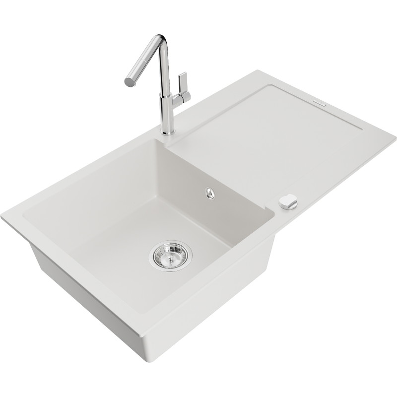 Mexen Leo fregadero de granito de 1 cubeta con escurridor y grifo de cocina Flora, blanco - 6501-20-670401-00