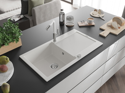 Mexen Leo fregadero de granito de 1 compartimento con escurridor y grifo de cocina Flora, blanco - 6501-20-670401-02