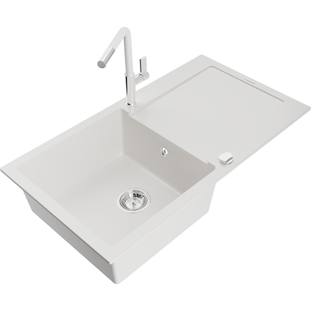Mexen Leo lava-loiça de granito de 1 cuba com escorredor e torneira de cozinha Flora, branco - 6501-20-670401-02