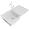 Mexen Leo 1-bowl granite sink with drainer and Flora kitchen tap, white - 6501-20-670401-02