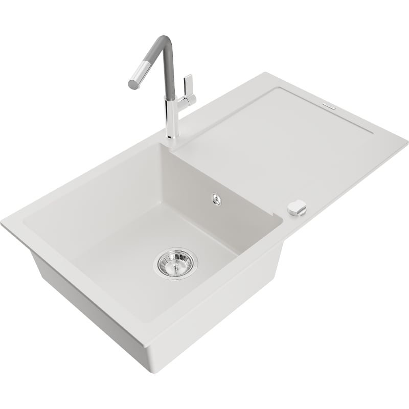 Mexen Leo 1-bowl granite sink with drainer and Flora kitchen faucet, white - 6501-20-670401-06