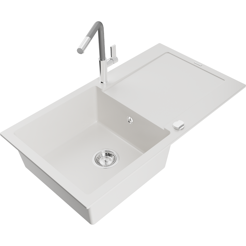 Mexen Leo lava-loiça de granito de 1 cuba com escorredor e torneira da cozinha Flora, branco - 6501-20-670401-06