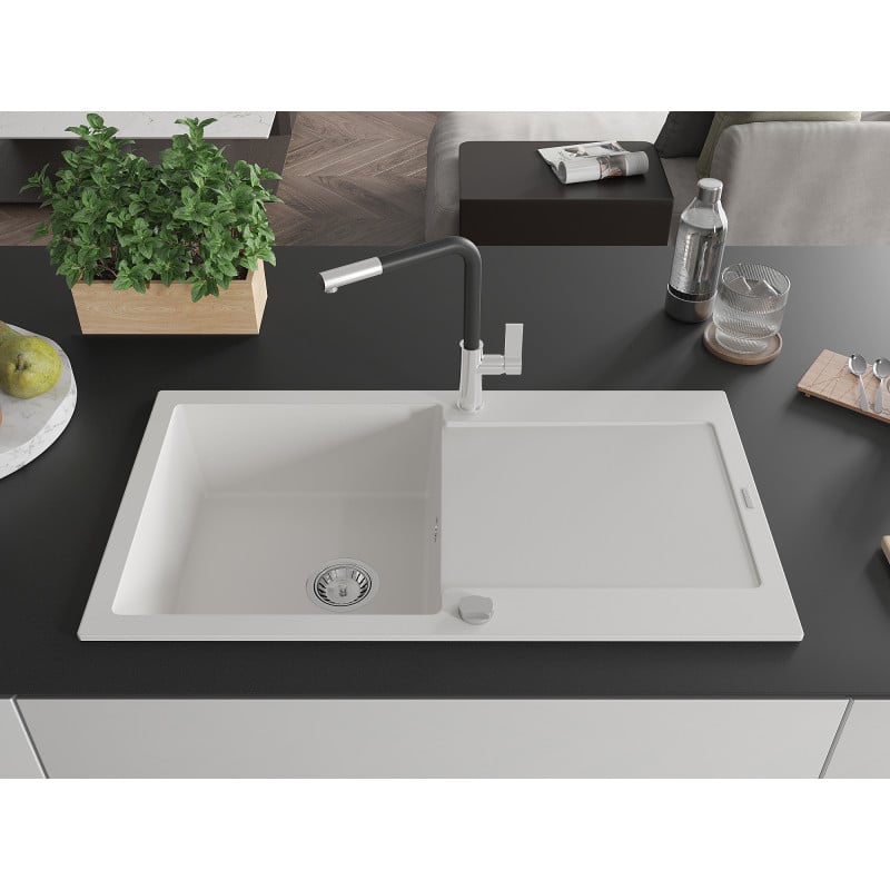 Mexen Leo 1-bowl granite sink with drainer and Flora kitchen tap, white - 6501-20-670401-07