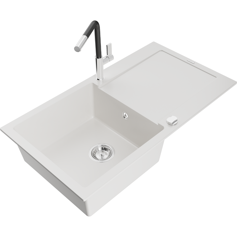 Mexen Leo 1-bowl granite sink with drainer and Flora kitchen tap, white - 6501-20-670401-07