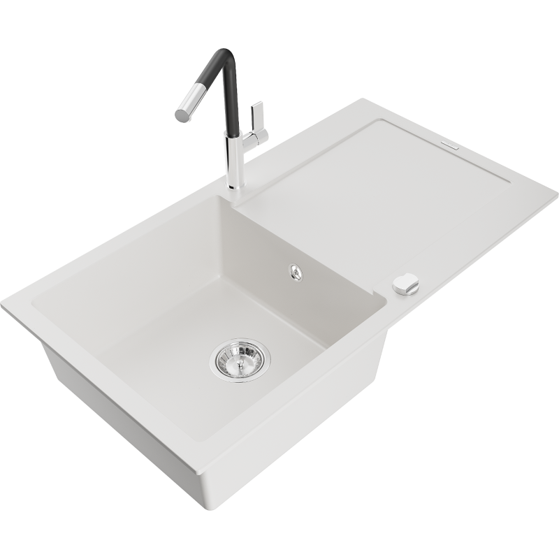 Mexen Leo lava-loiça de granito 1-cuba com escorredor e torneira de cozinha Flora, branco - 6501-20-670401-07