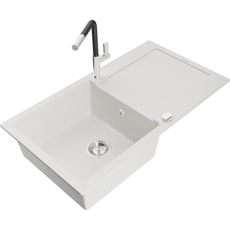 Mexen Leo lavello in granito a 1 vasca con sgocciolatoio e rubinetto da cucina Flora, bianco - 6501-20-670401-07