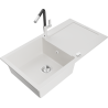 Mexen Leo 1-bowl granite sink with drainer and Flora kitchen tap, white - 6501-20-670401-07