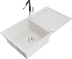 Mexen Leo 1-bowl granite sink with drainer and Flora kitchen tap, white - 6501-20-670401-07