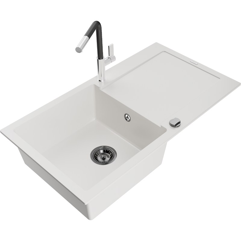 Mexen Leo single-bowl granite sink with drainer and Flora kitchen tap, white - 6501-20-670401-07-B