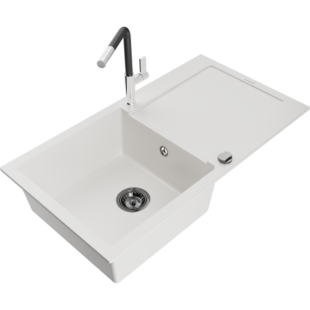 Mexen Leo fregadero de granito de 1 cubeta con escurridor y grifo de cocina Flora, blanco - 6501-20-670401-07-B