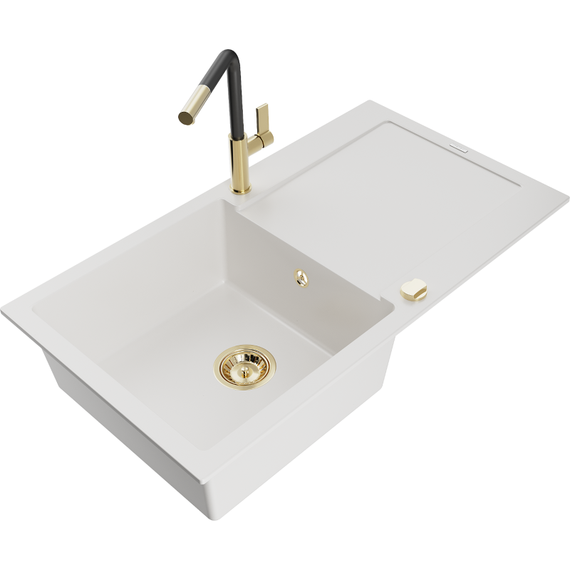 Mexen Leo granīta izlietne ar vienu nodalījumu, noteces dēli un virtuves jaucējkrānu Flora, balta - 6501-20-670401-57-G