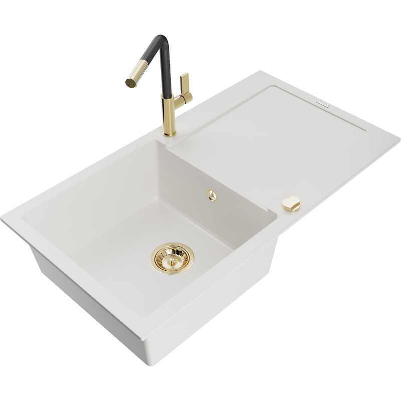 Mexen Leo lava-louça de granito 1-bacia com escorredor e torneira de cozinha Flora, branco - 6501-20-670401-57-G