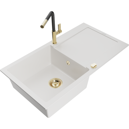 Mexen Leo granite sink 1-bowl with drainer and Flora kitchen faucet, white - 6501-20-670401-57-G