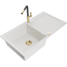 Mexen Leo fregadero de granito de 1 cubeta con escurridor y grifo de cocina Flora, blanco - 6501-20-670401-57-G