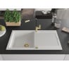 Mexen Leo granite kitchen sink single-bowl with drainer and Flora kitchen tap, white - 6501-20-670401-57-G
