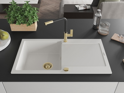 Mexen Leo fregadero de granito de 1 cubeta con escurridor y grifo de cocina Flora, blanco - 6501-20-670401-57-G