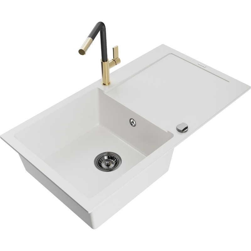 Mexen Leo évier en granit à 1 bac avec égouttoir et robinet de cuisine Flora, blanc - 6501-20-670401-57-B