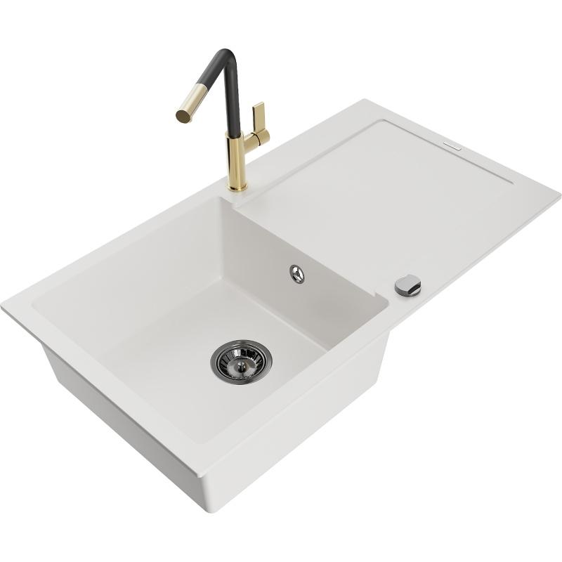 Mexen Leo granite sink 1-bowl with drainer and Flora kitchen tap, white - 6501-20-670401-57-B