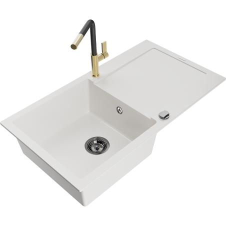 Mexen Leo granīta izlietne ar vienu nodalījumu, notecinātāju un virtuves jaucējkrānu Flora, balta - 6501-20-670401-57-B