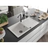 Mexen Leo single-bowl granite sink with drainer and Flora kitchen tap, white - 6501-20-670401-70-B